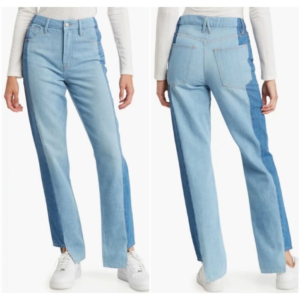 Good American Good Boy Two Tone Step Hem High Waist Boyfriend Jeans Size 6/28